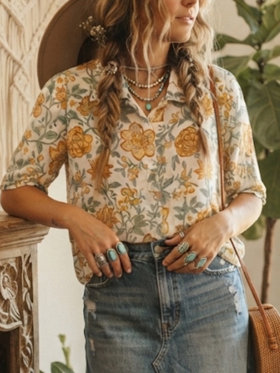 Kilol Tops - KILOL Floral Block Print Camp Shirt Button Down Cropped Large